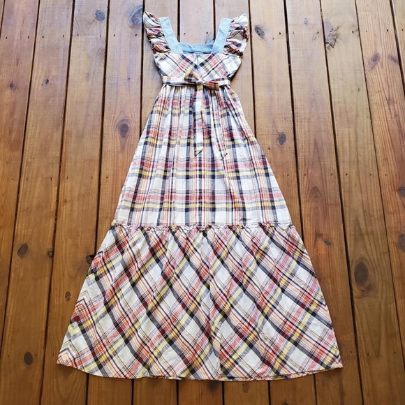 Vintage 70's Young Edwardian size 5 plaid & denim prairie maxi dress - Picture 2 of 4